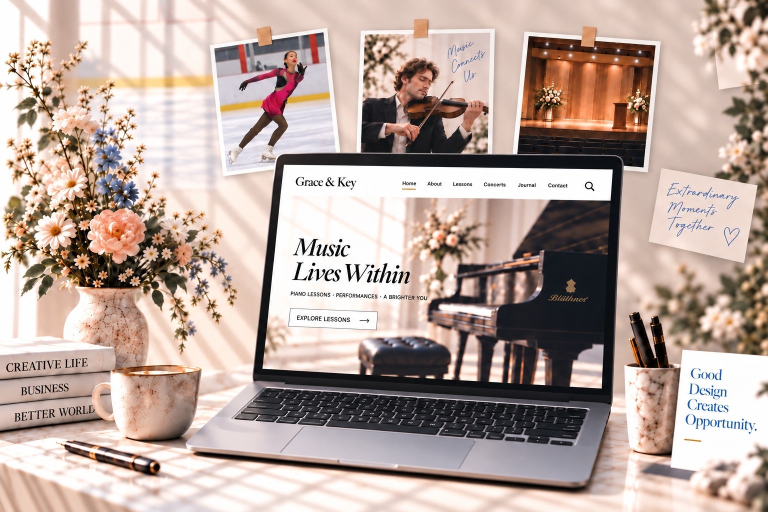 Creative workspace with laptop, skating, violin and event references
